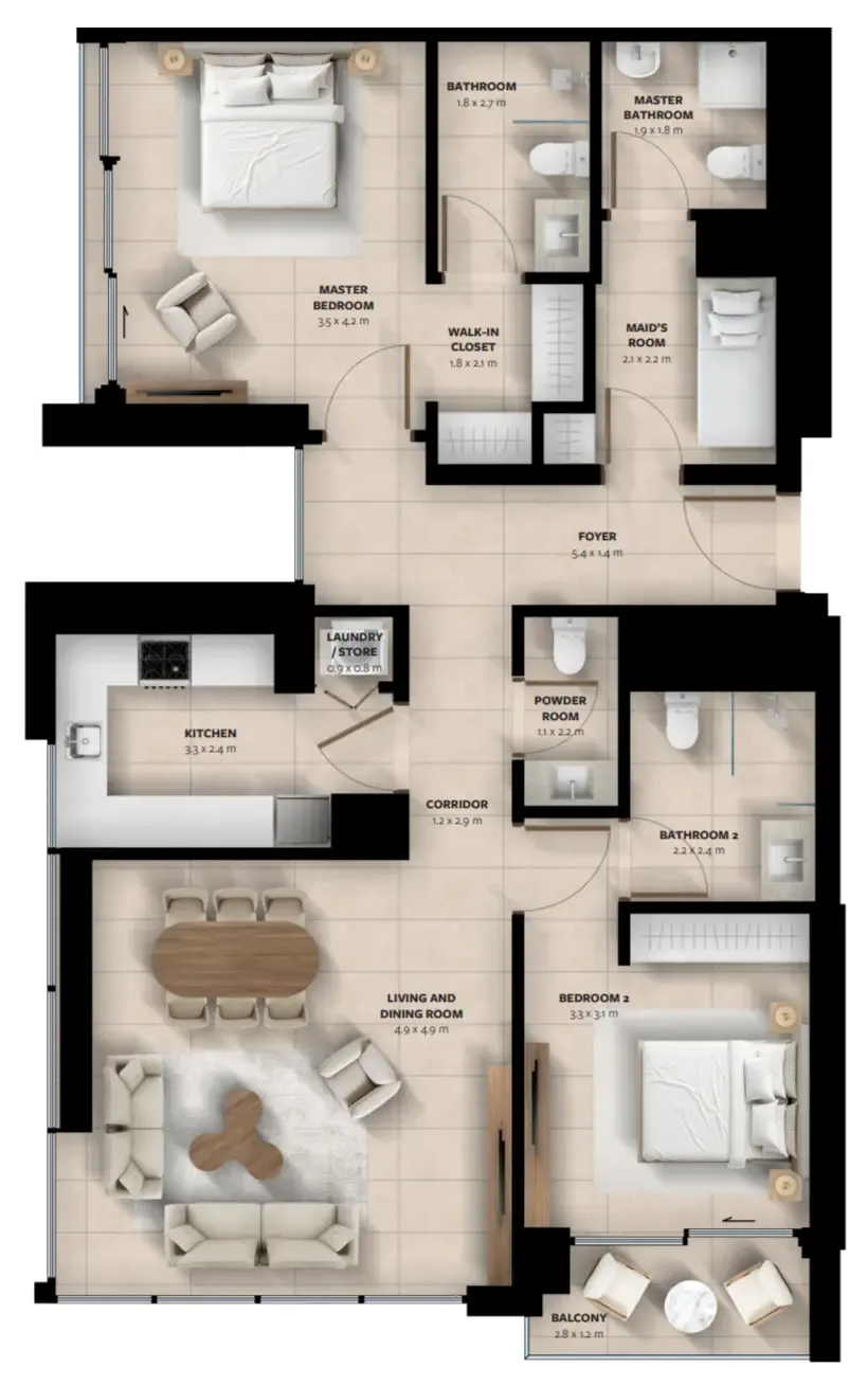 Waada Dubai South 2 bed floor plan, 1,281 sqft