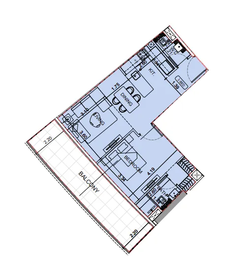 Binghatti Aquarise 1 bed floor plan, 832 sqft