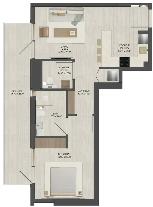 JAD 288 1 bed floor plan, 886 sqft