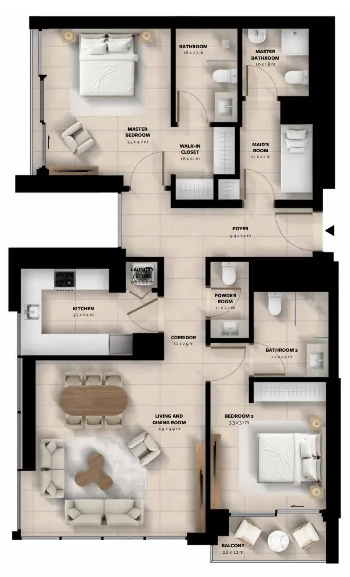 Waada Dubai South 2 bed floor plan, 1,281 sqft
