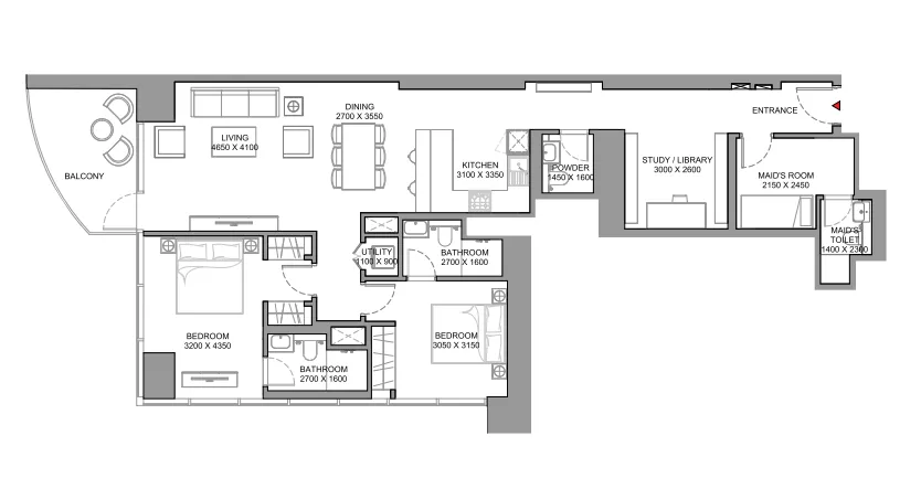 Skyscape 2 bed floor plan, 1,514 sqft