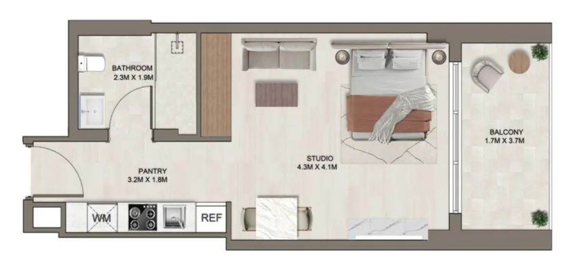 Ghaff Land Residence Studio floor plan, 453 sqft