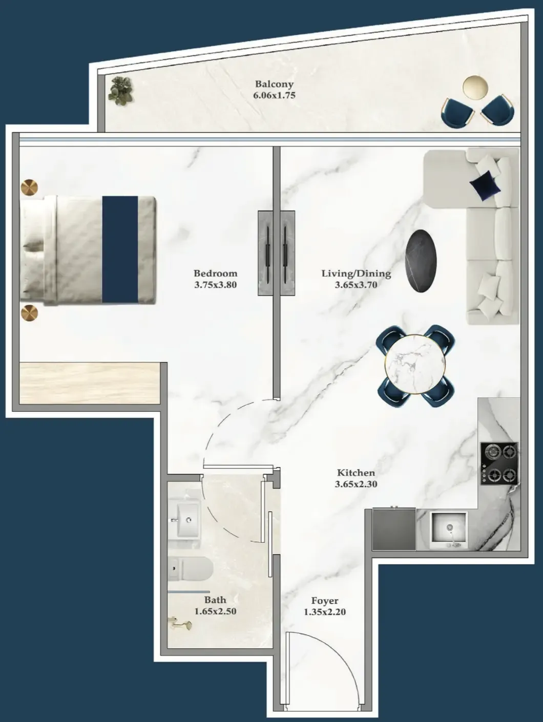 Serenz 1 bed floor plan, 575 sqft