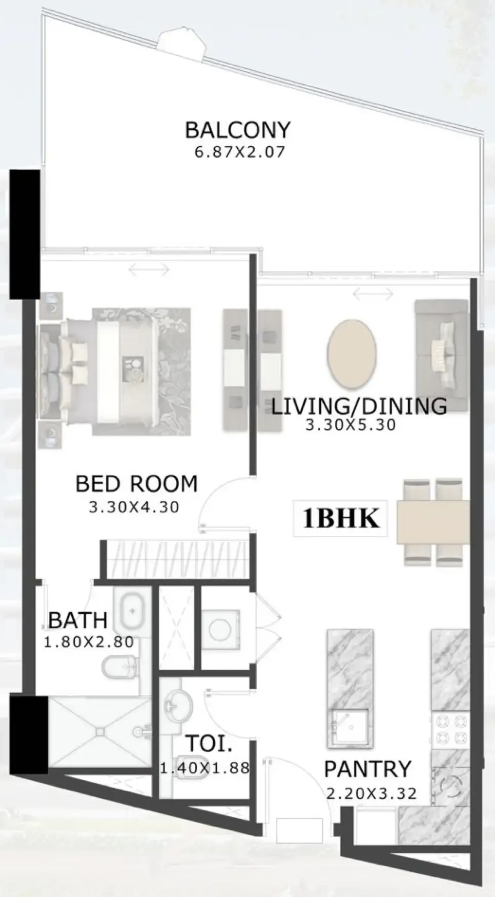 48 Parkside 1 bed floor plan, 834 sqft