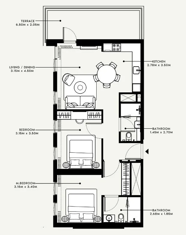 Beach Oasis 1 and 2 2 bed floor plan, 998 sqft