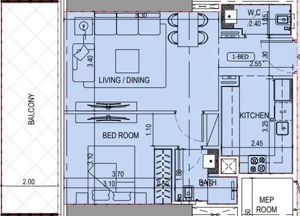 Binghatti Sky Terraces 1 bed floor plan, 751 sqft