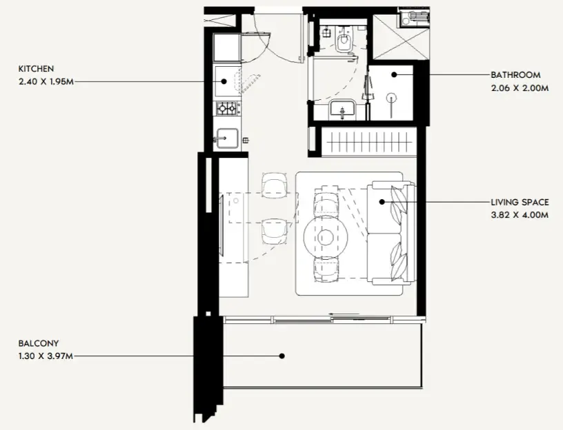 Jaddaf Beach Oasis Studio floor plan, 338 sqft