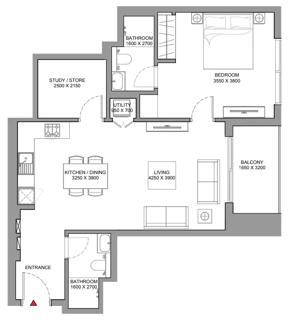 Skyscape 1 bed floor plan, 1,098 – 1,149 sqft
