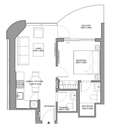 Sobha Aquamont 1 bed floor plan, 581 sqft