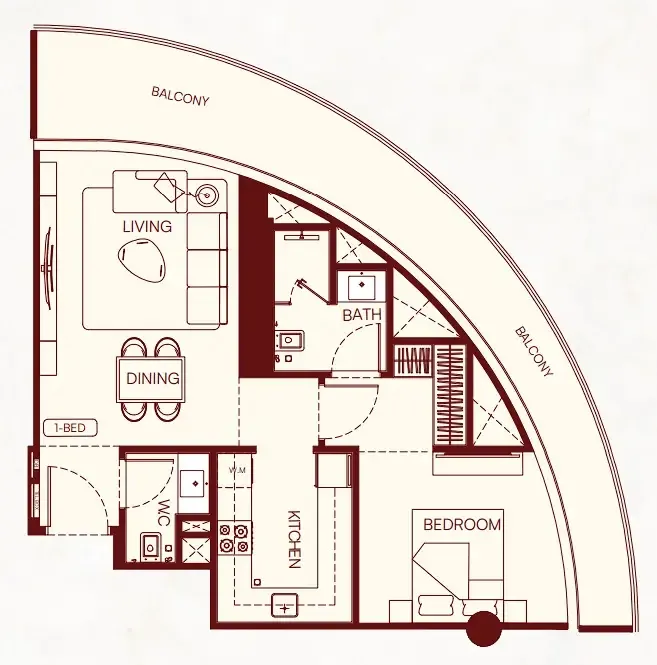 Binghatti Skyflame 1 bed floor plan, 842 – 868 sqft