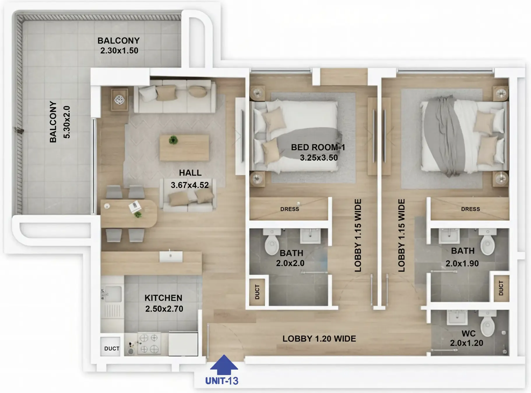 RR Residence 2 bed floor plan, 1,048 sqft