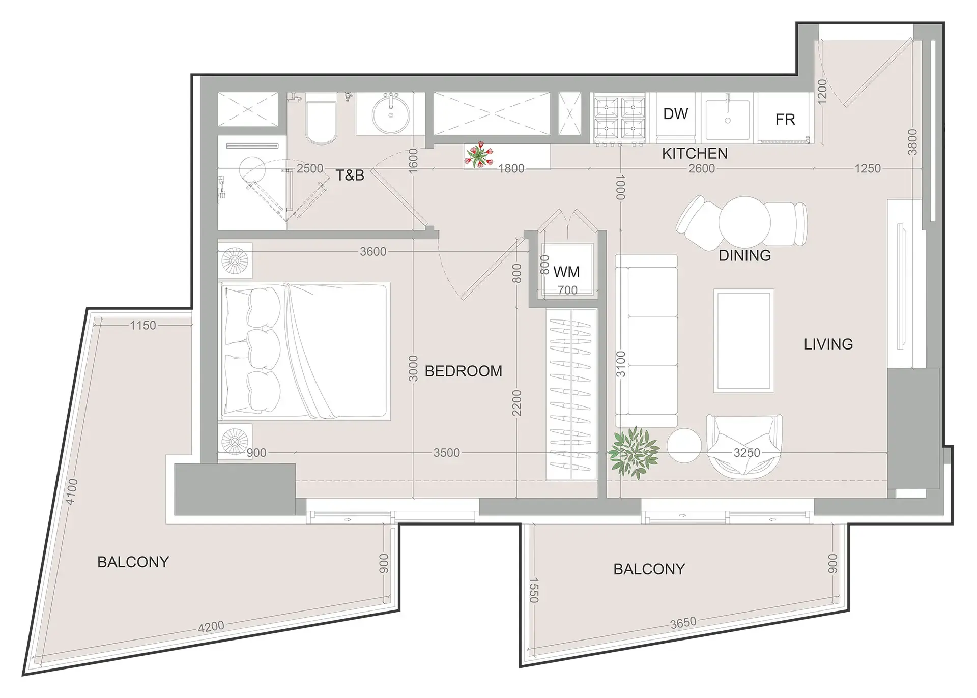 A1LA Residence 1 bed floor plan, 855 sqft