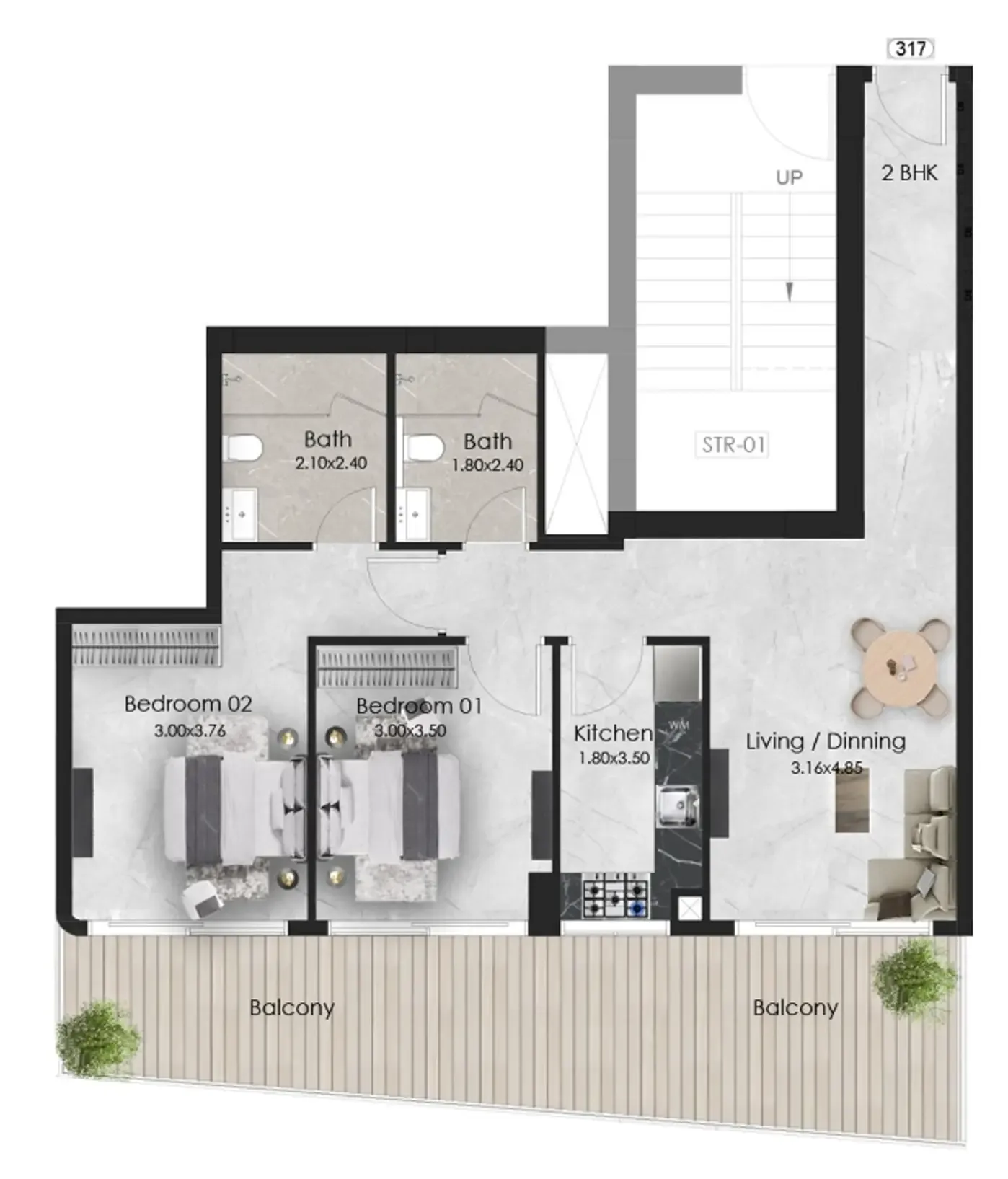 Aristo 2 bed floor plan, 1,083 sqft