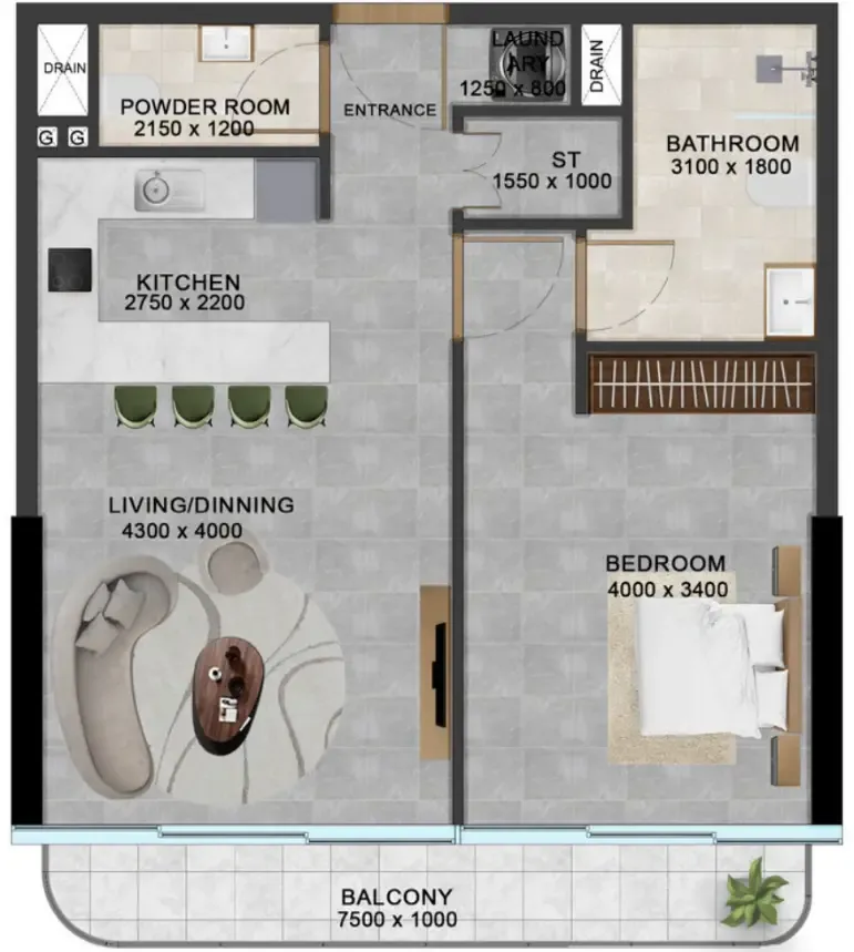 Vivanti Residences by Meteora 1 bed floor plan, 747 sqft