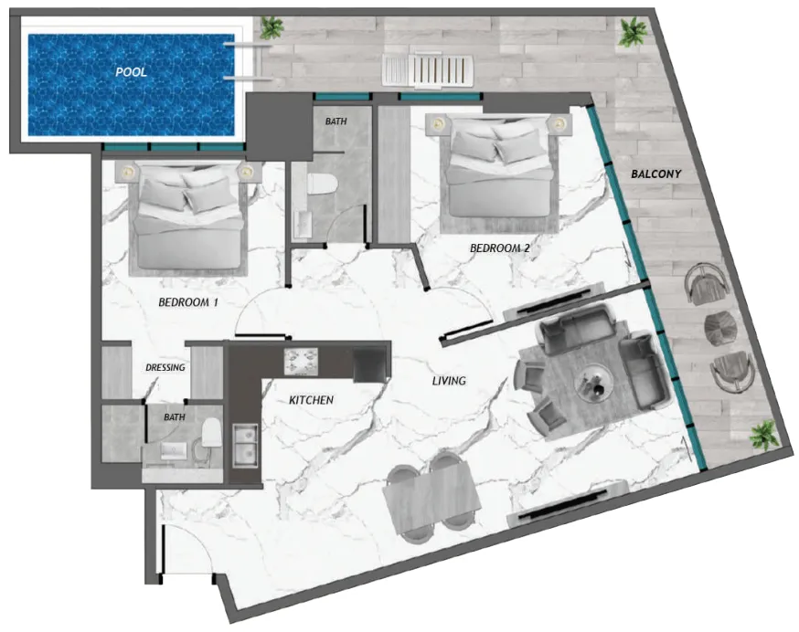 Samana Portofino 2 bed floor plan, 1,338 sqft