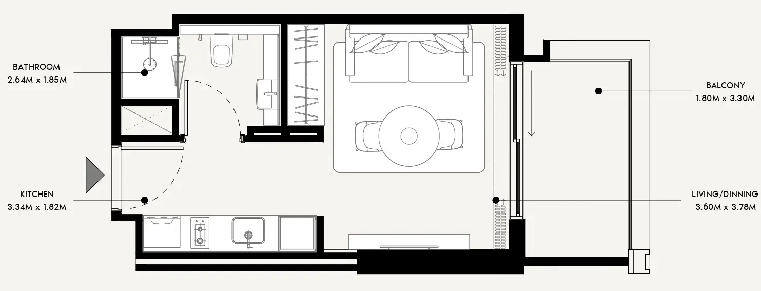 Azizi Venice Studio floor plan, 340 sqft