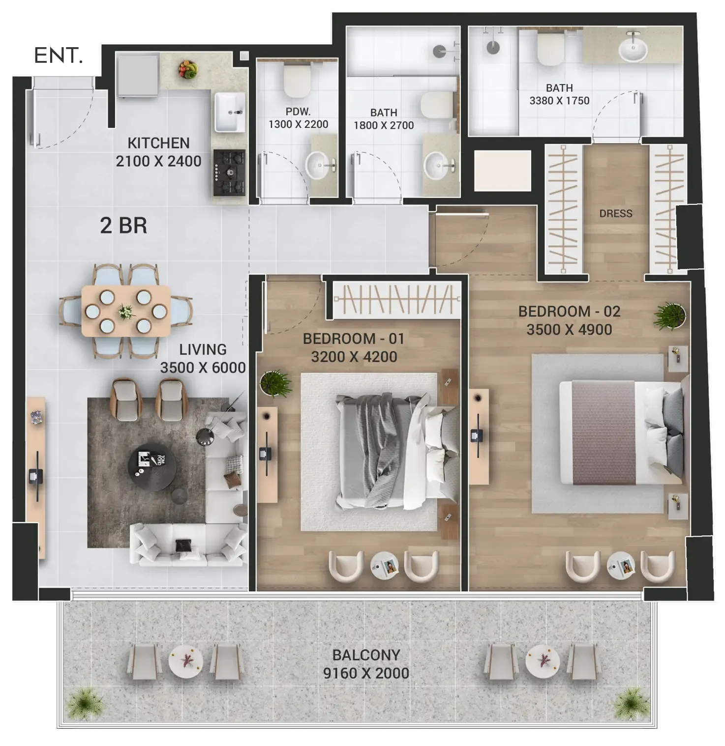 Empire Jebel Ali 2 bed floor plan, 1,214 – 1,221 sqft