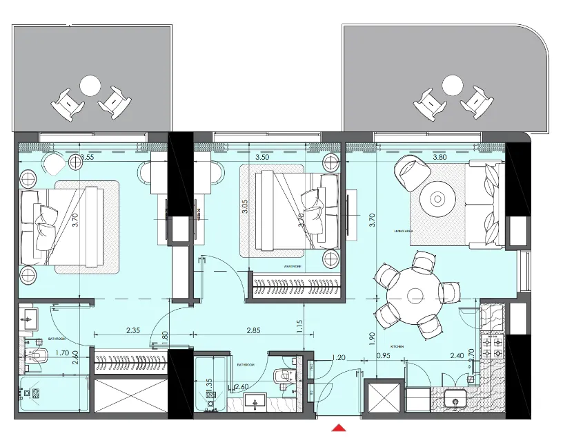 Azizi Wasel 2 bed floor plan, 1,000 sqft