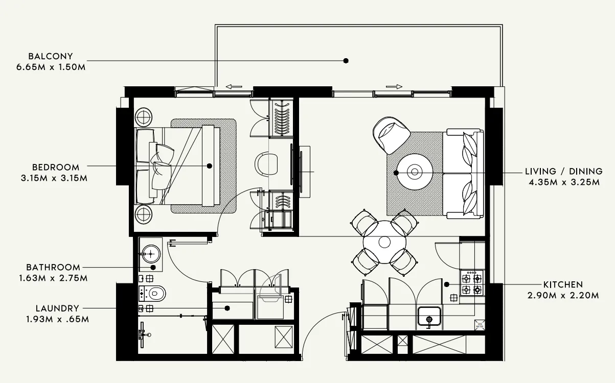 Beach Oasis 1 and 2 1 bed floor plan, 652 sqft
