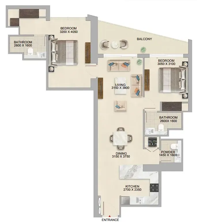The Tranquil at Sobha Central 2 bed floor plan, 1,159 sqft
