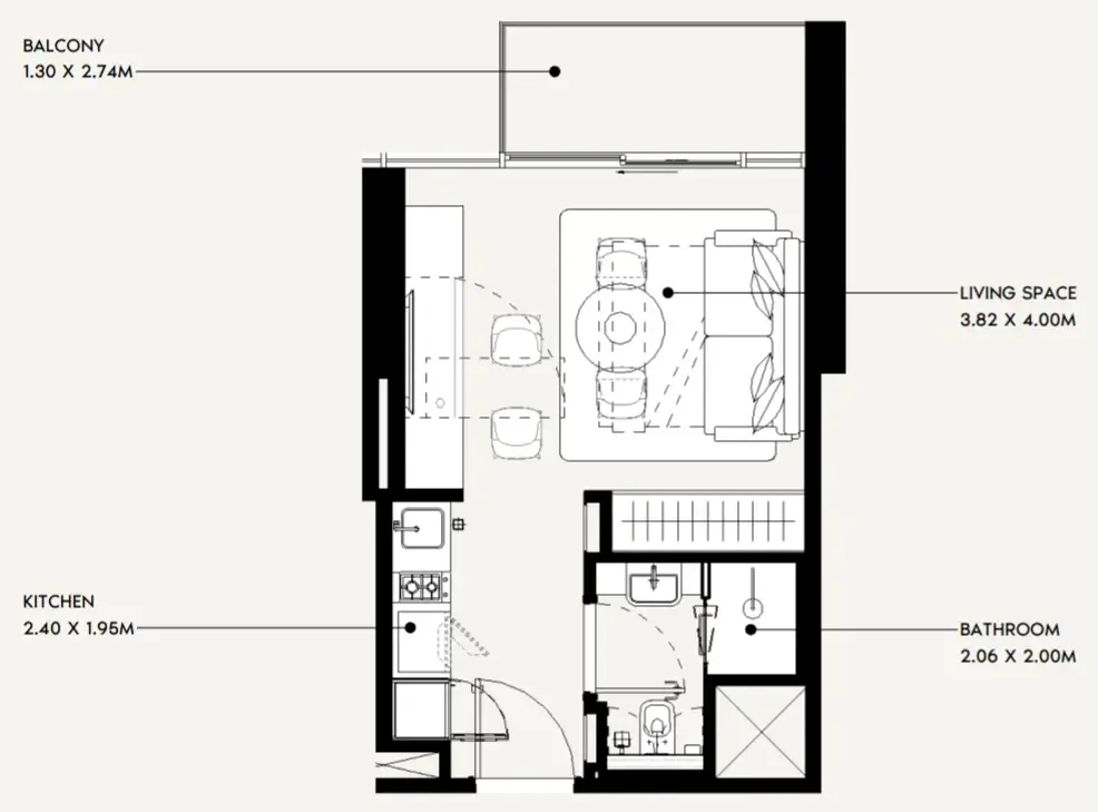 Jaddaf Beach Oasis Studio floor plan, 325 sqft