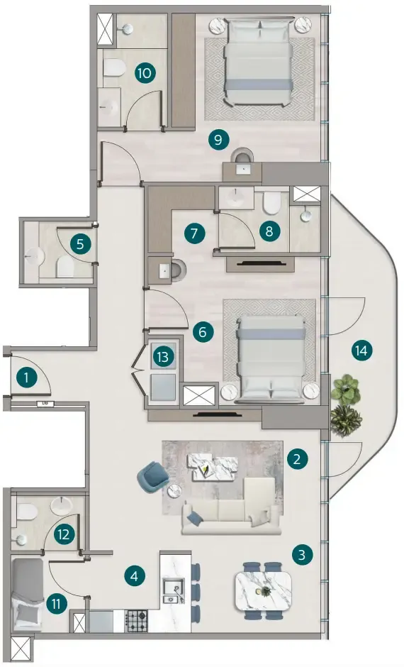 Flora Shore Beachside Residences 2 bed floor plan, 1,362 sqft