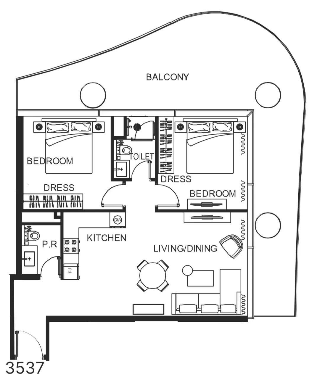 The WOW Tower 2 bed floor plan, 1,256 sqft