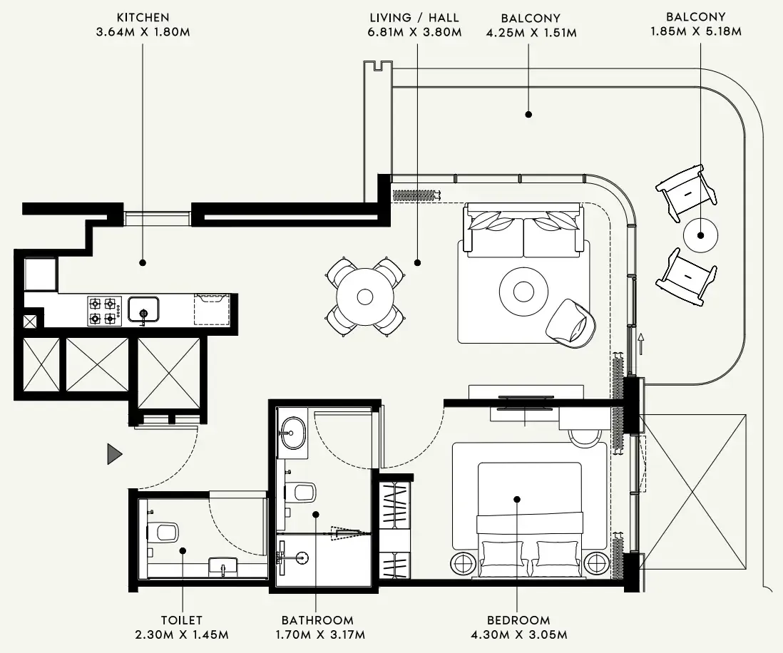 Azizi Venice 1 bed floor plan, 876 sqft