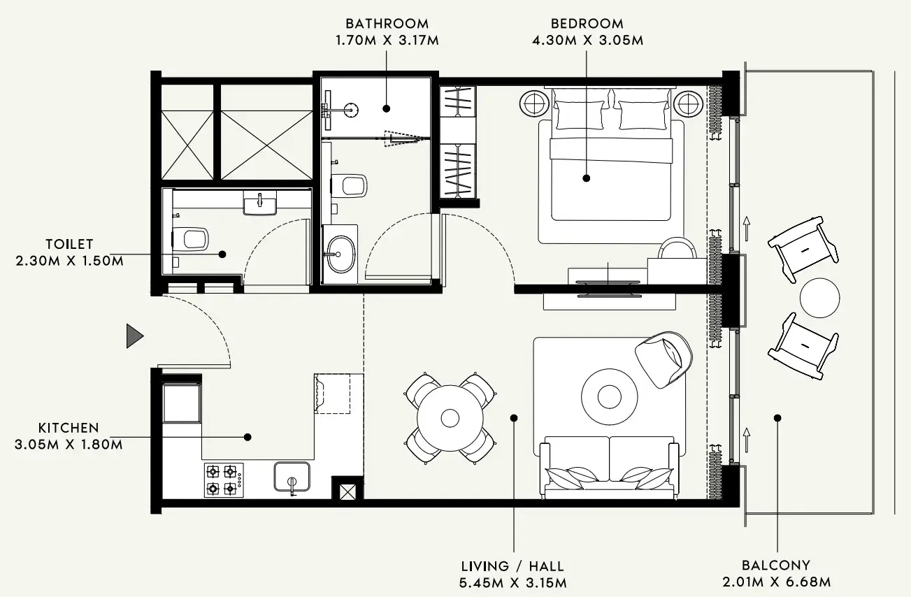 Azizi Venice 1 bed floor plan, 733 sqft