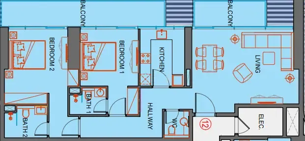 SkyGate Tower 2 bed floor plan, 1,218 sqft