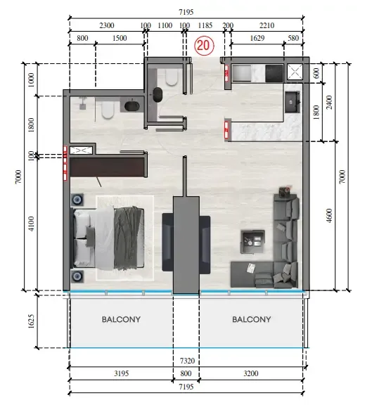 Auresta Tower 1 bed floor plan, 671 sqft