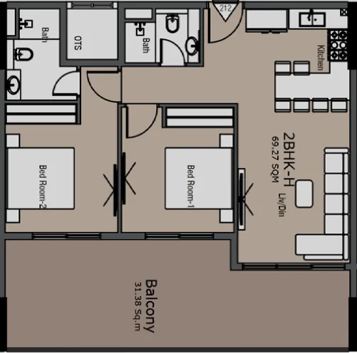Golden Woods Albab Views 2 bed floor plan, 1,083 sqft