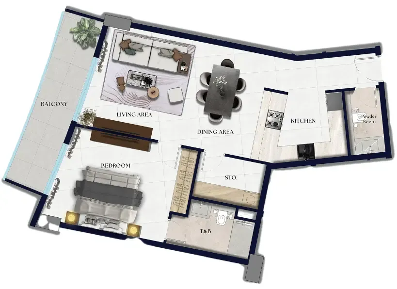 Xenia Residence 1 bed floor plan, 907 sqft