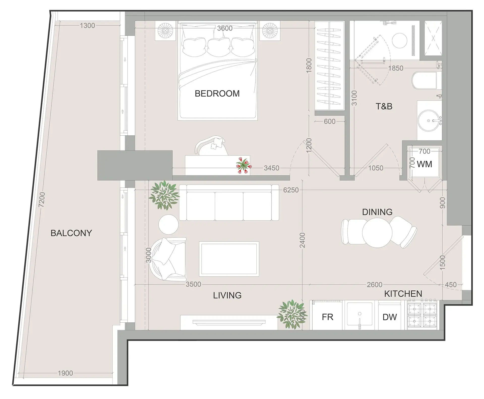 SKY LEVEL 1 1 bed floor plan, 596 sqft