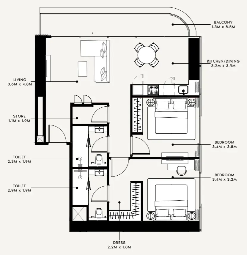 Azizi Milan 2 bed floor plan, 1,075 sqft