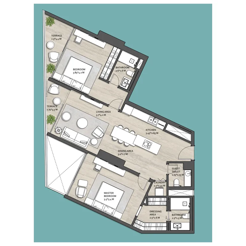 Vistal by Victoria Swarovski 2 bed floor plan, 1,355 sqft