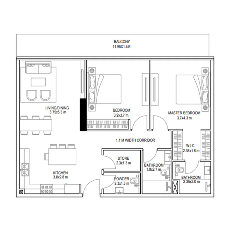 Golf Place 2 bed floor plan, 1,296 sqft