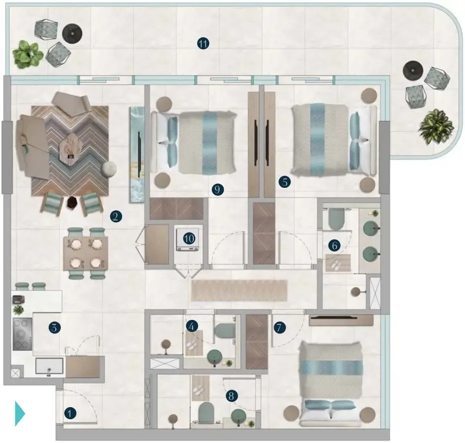 Octa Isle Interiors by Missoni 3 bed floor plan, 1,369 sqft