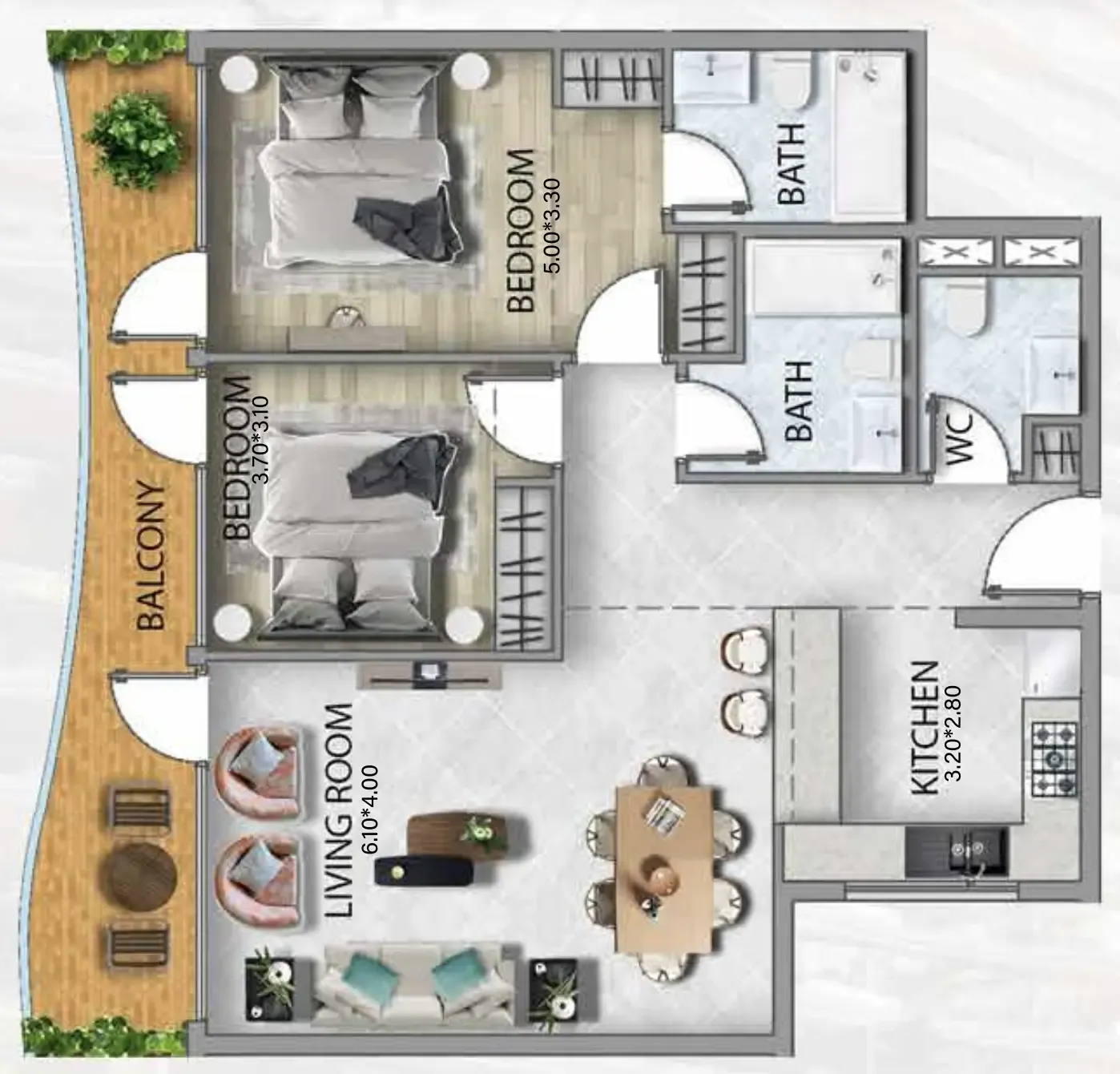 311 Boulevard 2 bed floor plan, 1,105 sqft