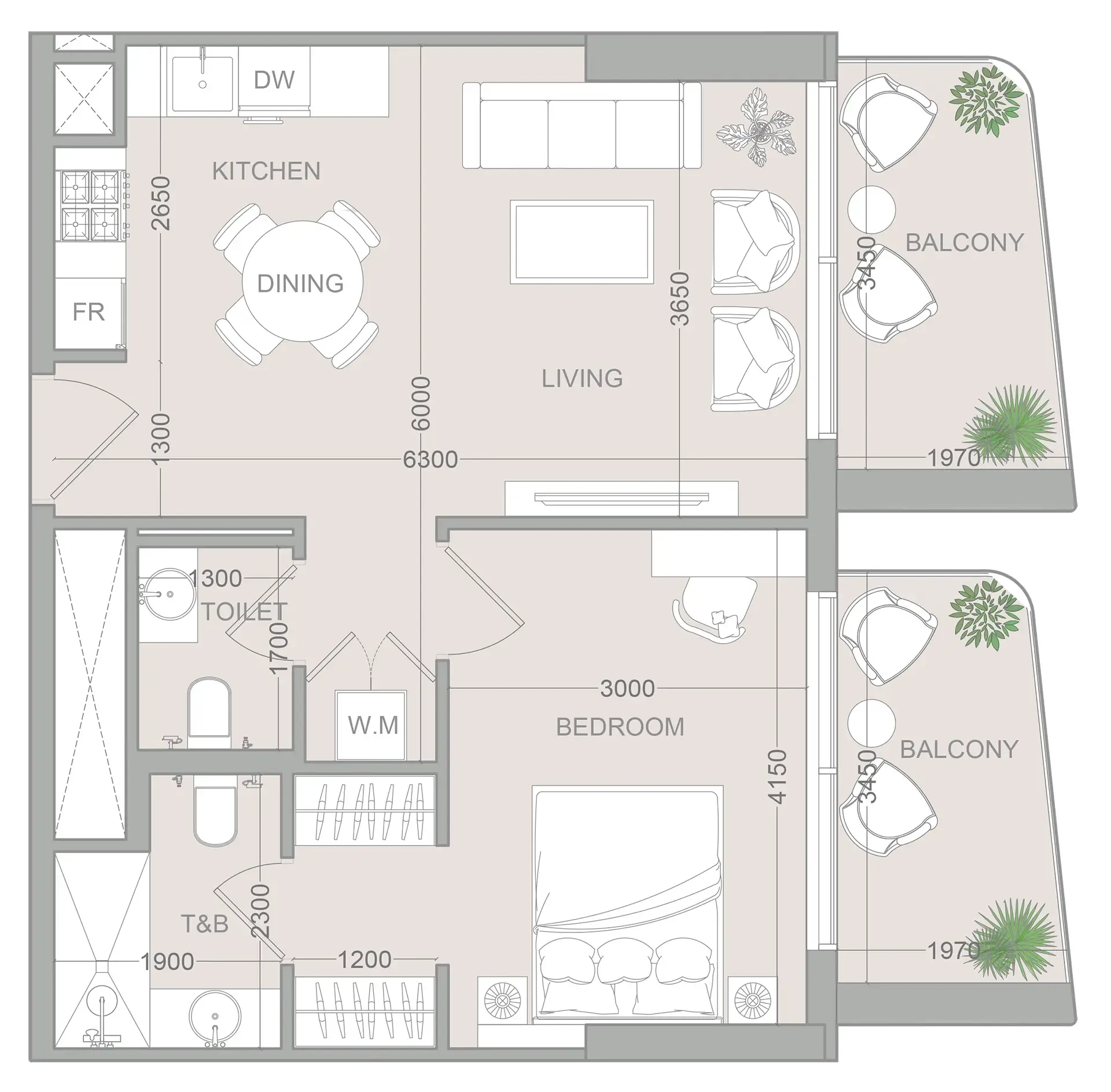 ELAR1S Sky 1 bed floor plan, 718 sqft
