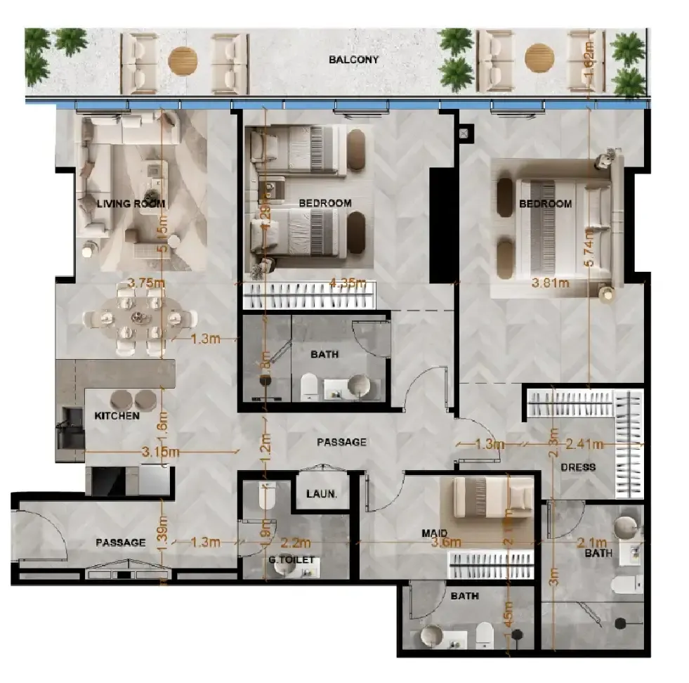 Radiant Terrace 2 bed floor plan, 1,557 sqft