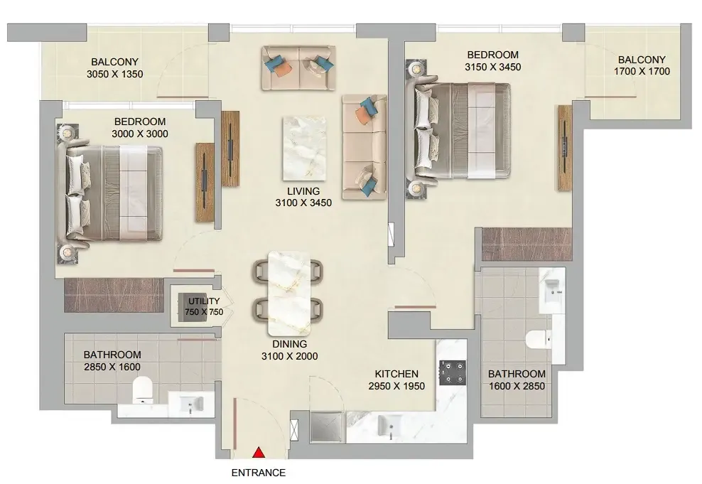 The Woods at Sobha Sanctuary 2 bed floor plan, 889 sqft