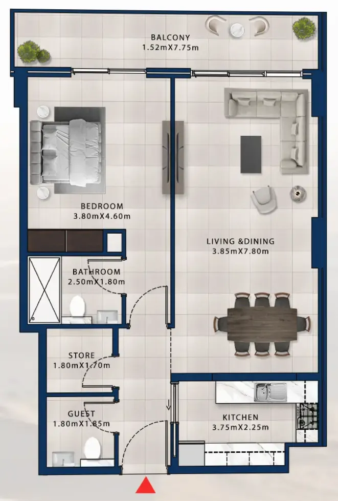 Asayel Avenue 1 bed floor plan, 1,011 sqft