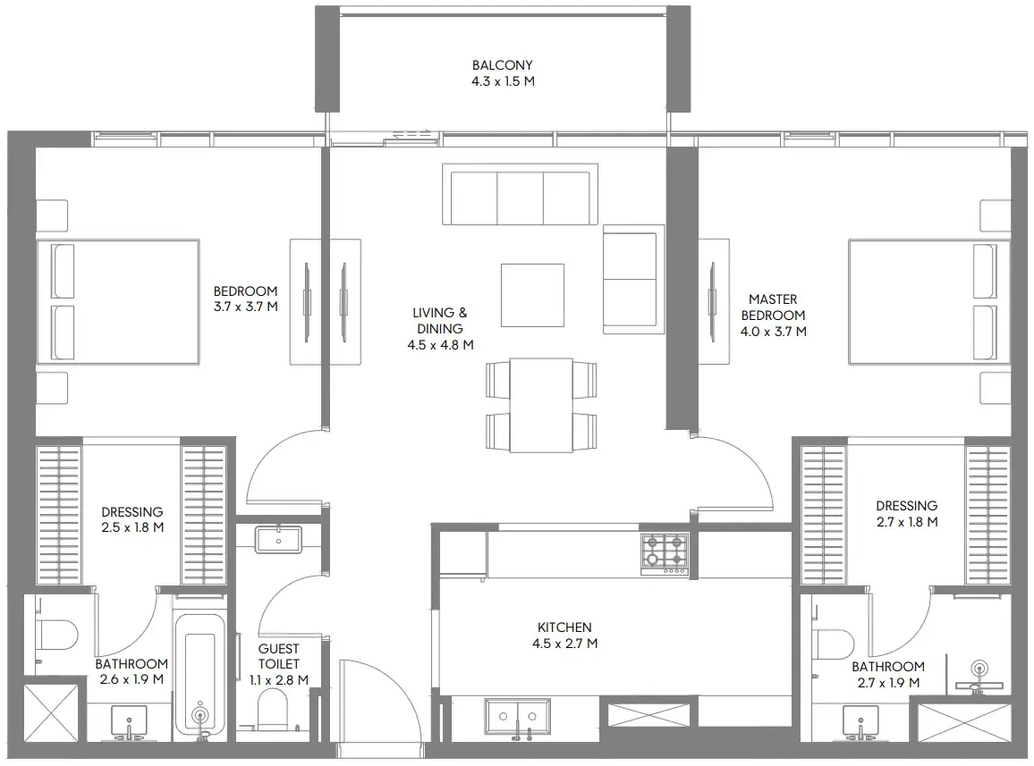 The Gate 6 2 bed floor plan, 1,157 sqft