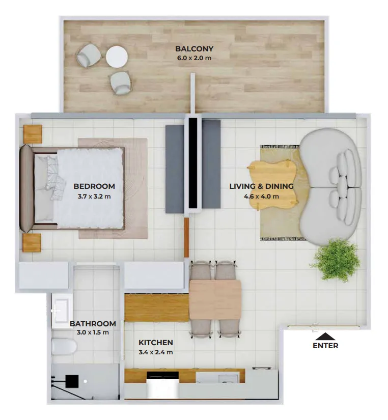 Treppan Tower 1 bed floor plan, 639 – 644 sqft