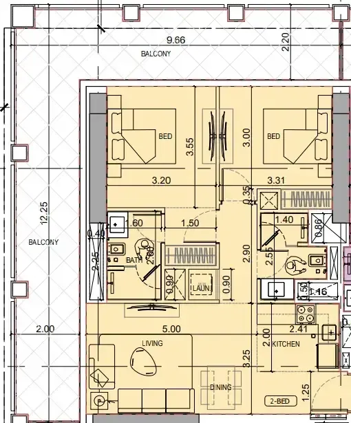 Binghatti Titania 2 bed floor plan, 1,200 sqft