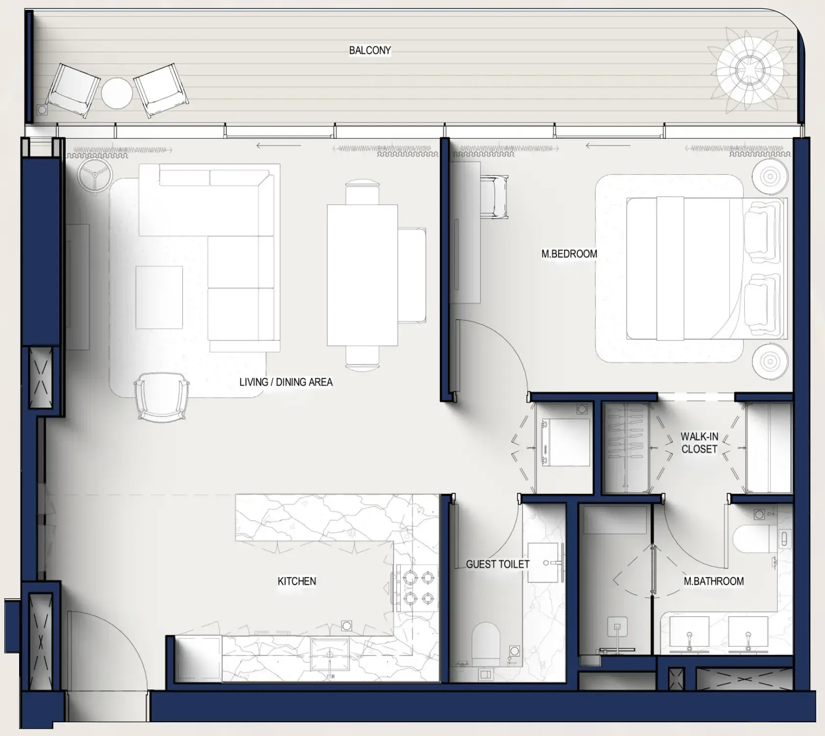 Hilton Residences 1 bed floor plan, 906 sqft