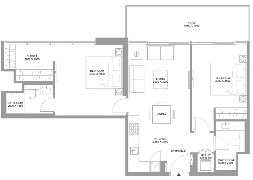 Pristine Beach Residences 2 bed floor plan, 985 – 989 sqft