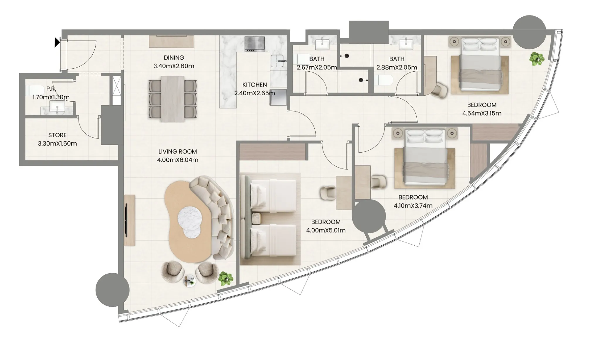 Leaf Tower 3 bed floor plan, 1,309 sqft
