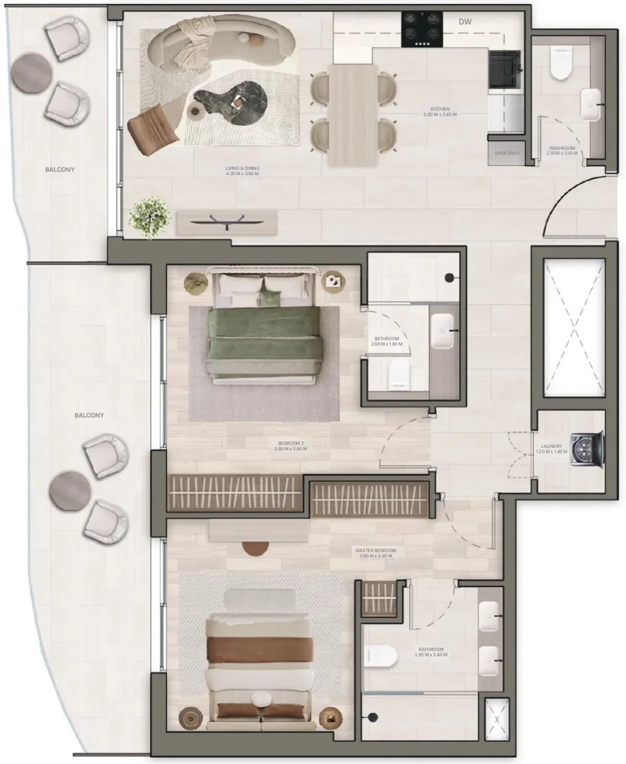 Stax 2 bed floor plan, 1,086 – 1,090 sqft